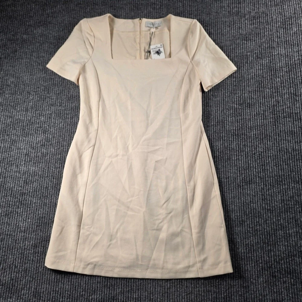 WAYF Cream Beige Square Neck Short Sleeve Mini Dress Size S NWT